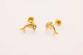 10K Gold Dolphin CZ Stud Wholesale Earrings, .7mm X .5mm, Solid 10K Gold with Cubic Zirconia