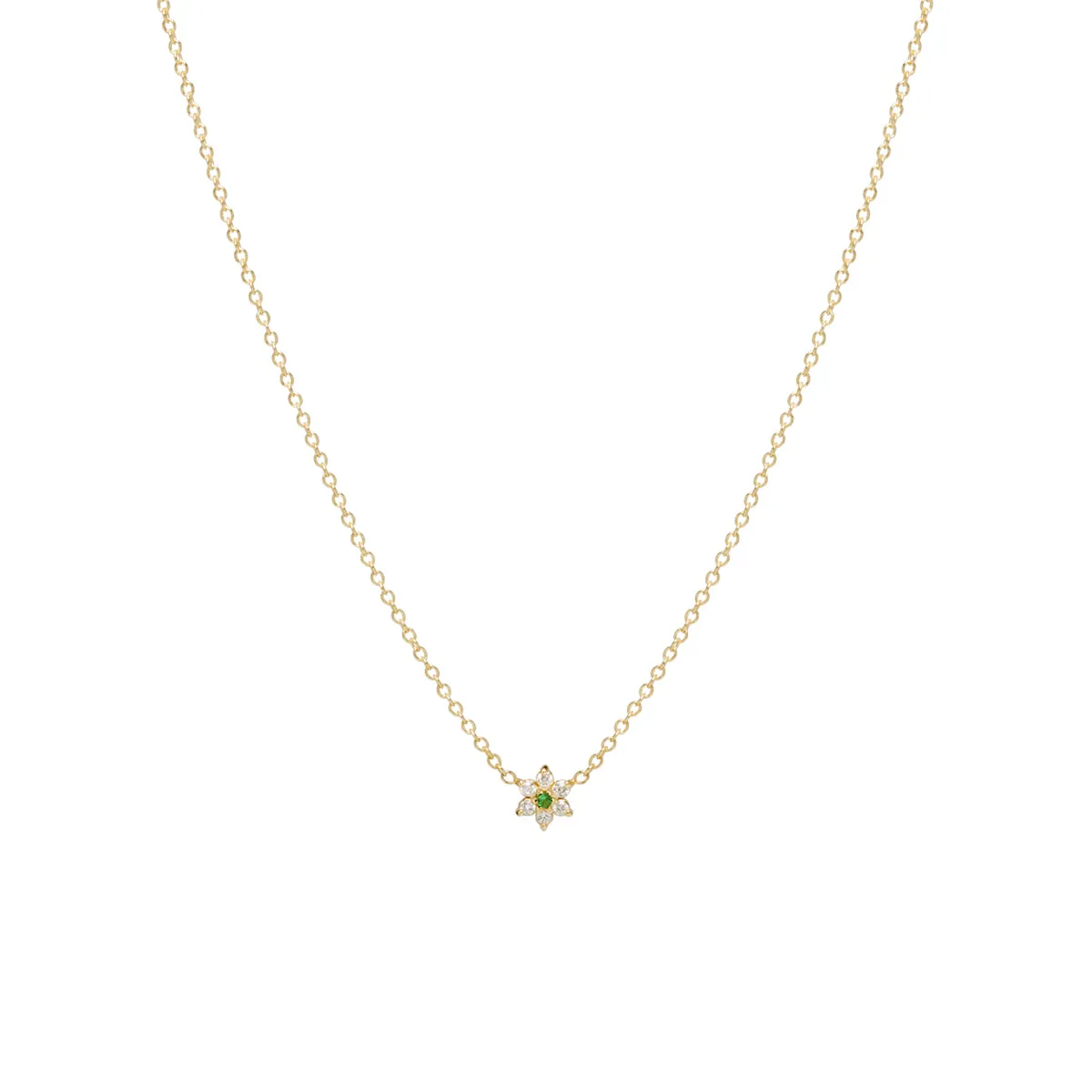 14k Prong Diamond & Emerald Center Tiny Flower Necklace