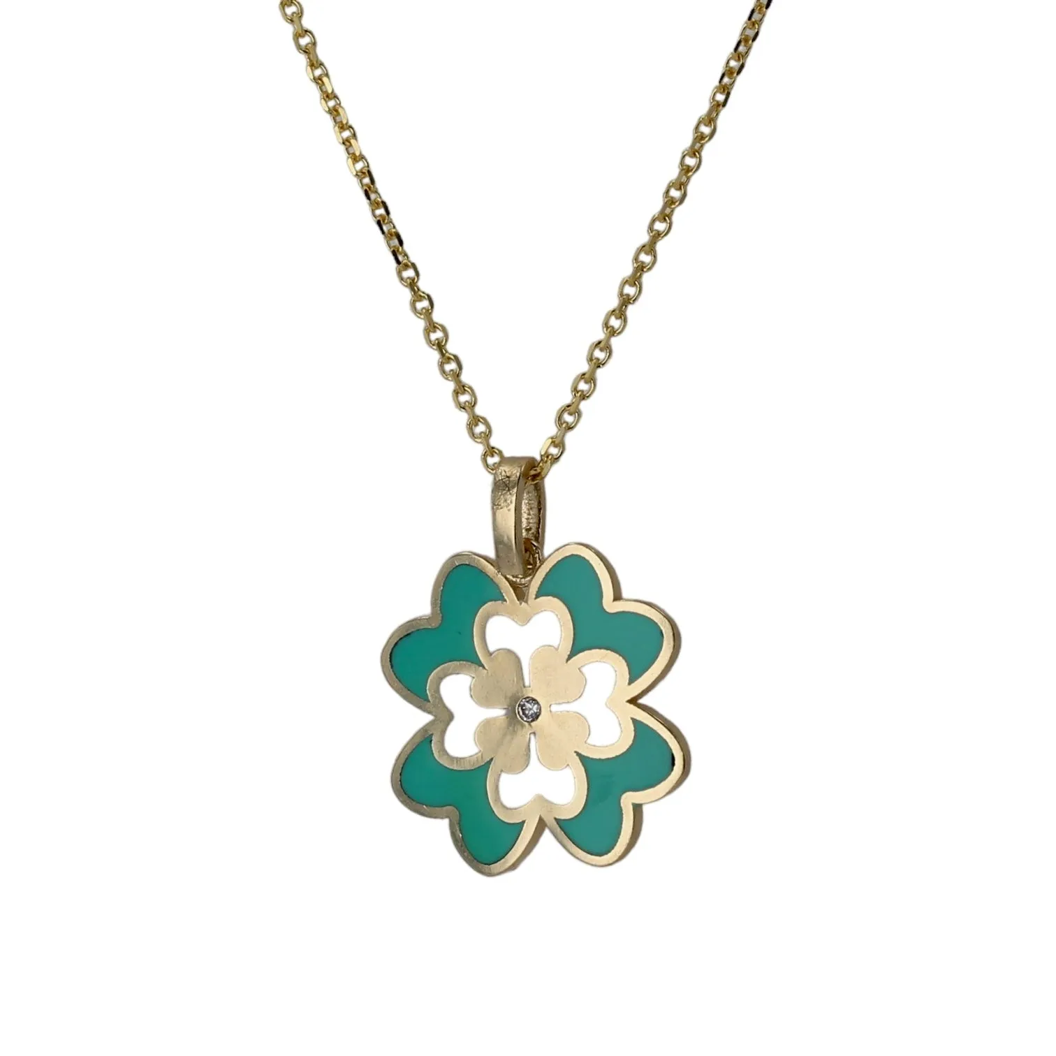 14K Yellow gold double mint color clover pendant necklace -V4