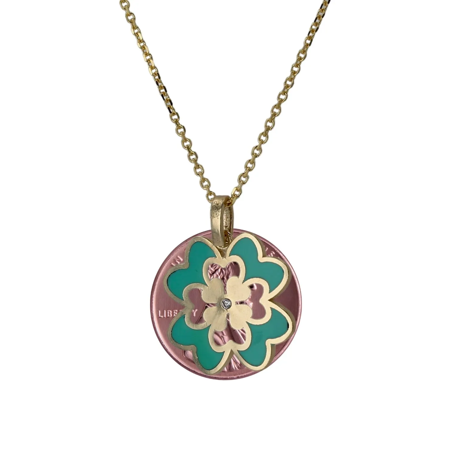 14K Yellow gold double mint color clover pendant necklace -V4