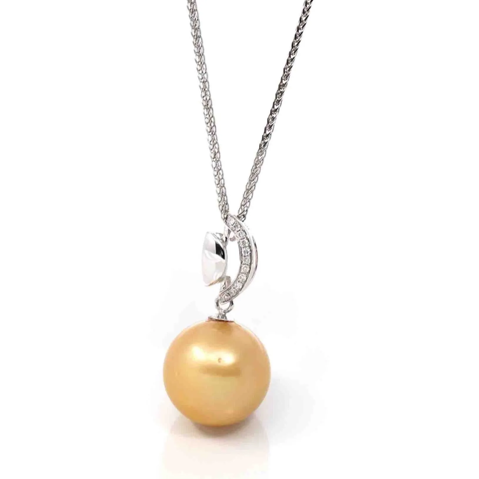 18k White Gold Round Golden Tahitian Pearl & Diamond Pendant Necklace