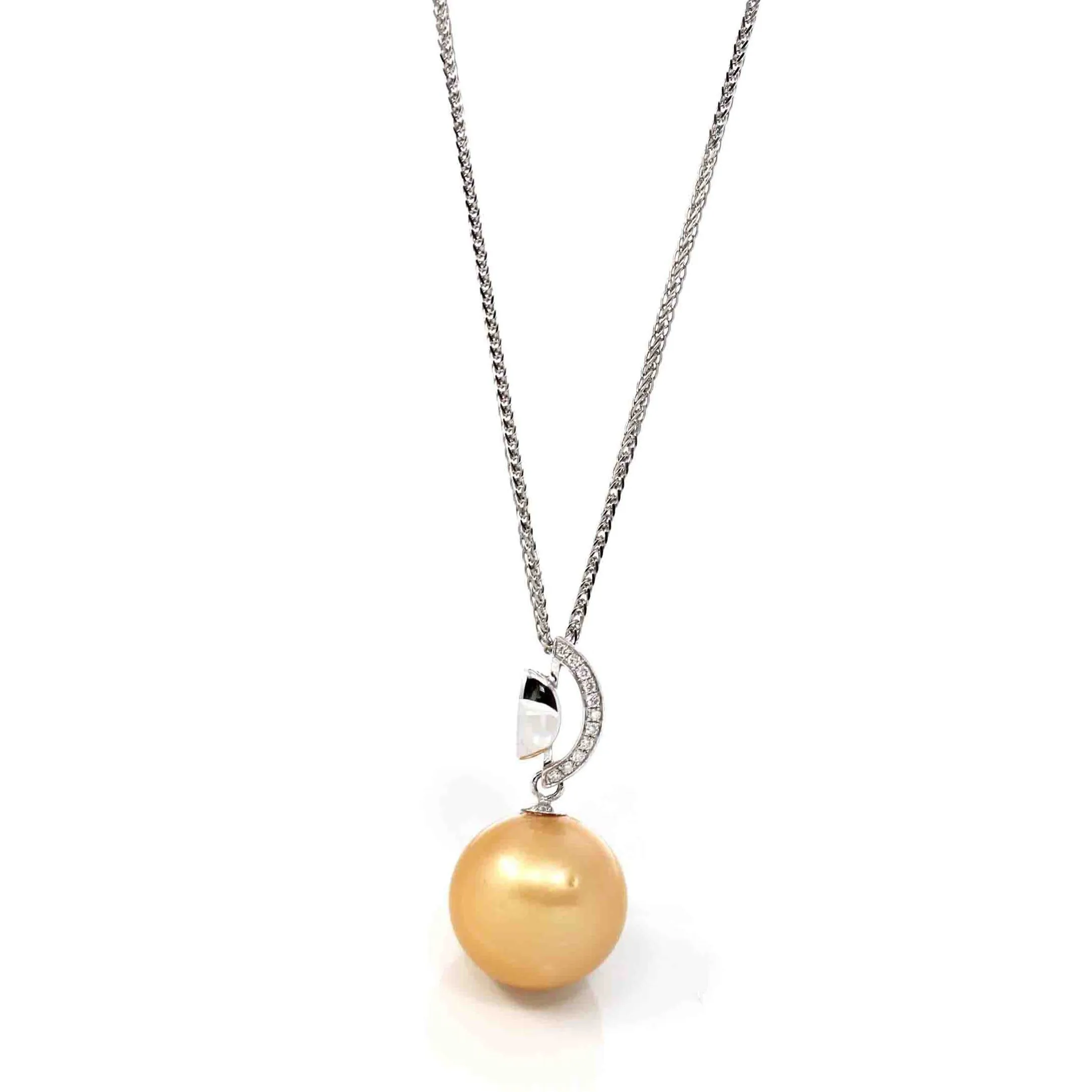 18k White Gold Round Golden Tahitian Pearl & Diamond Pendant Necklace