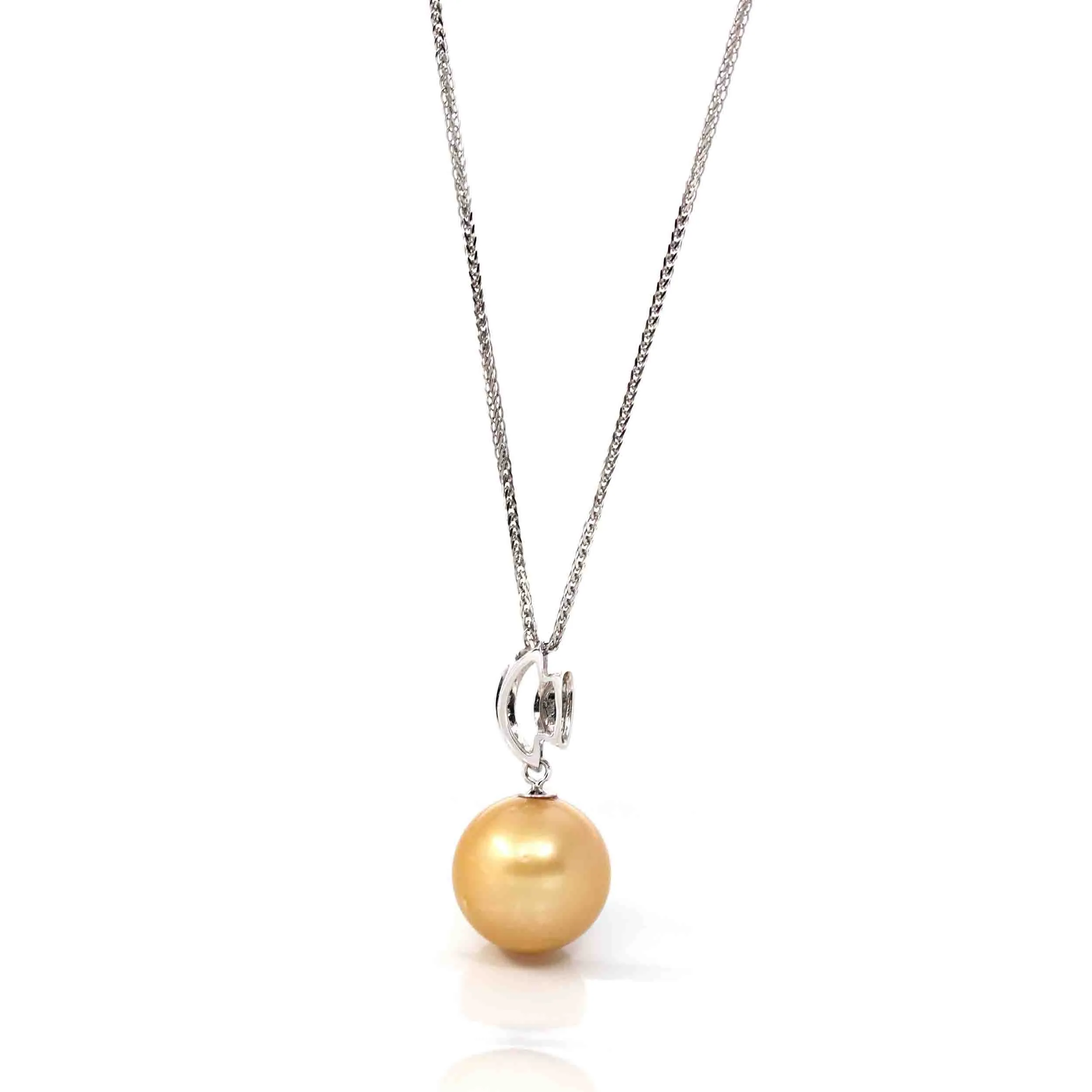 18k White Gold Round Golden Tahitian Pearl & Diamond Pendant Necklace