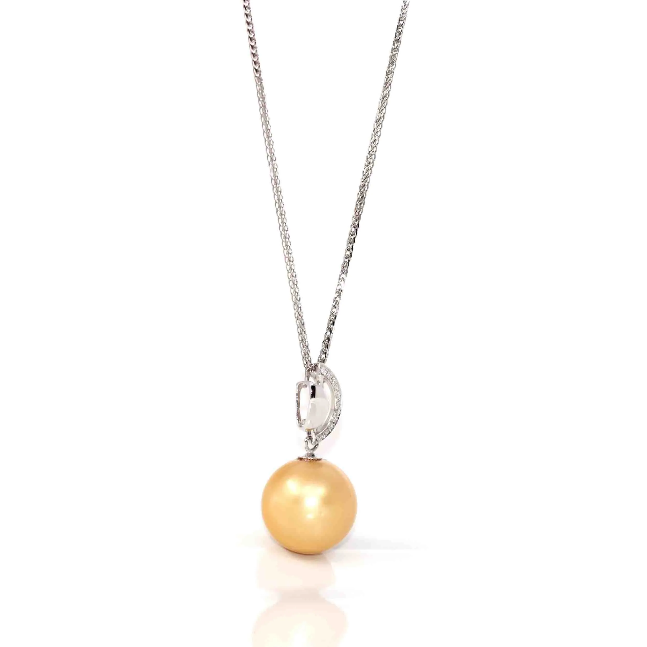 18k White Gold Round Golden Tahitian Pearl & Diamond Pendant Necklace