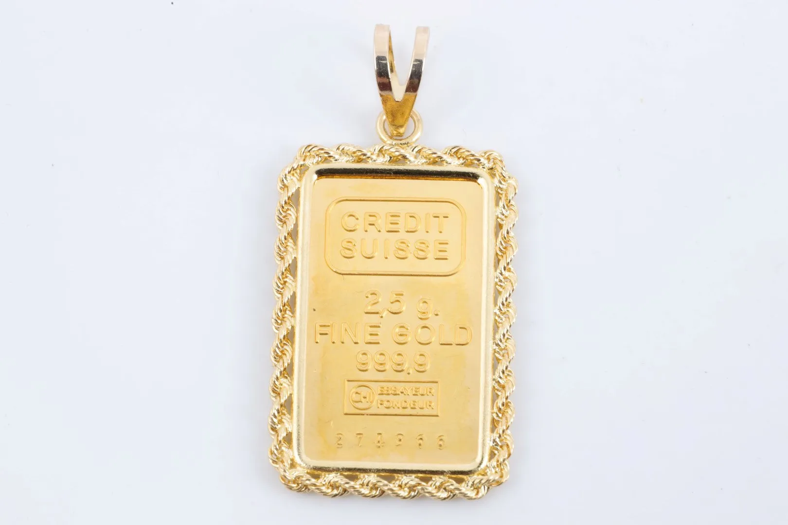 24k Yellow Gold Credit Suisse Ingot Pendant w/ 14k Yellow Gold Bezel (3.87g.)