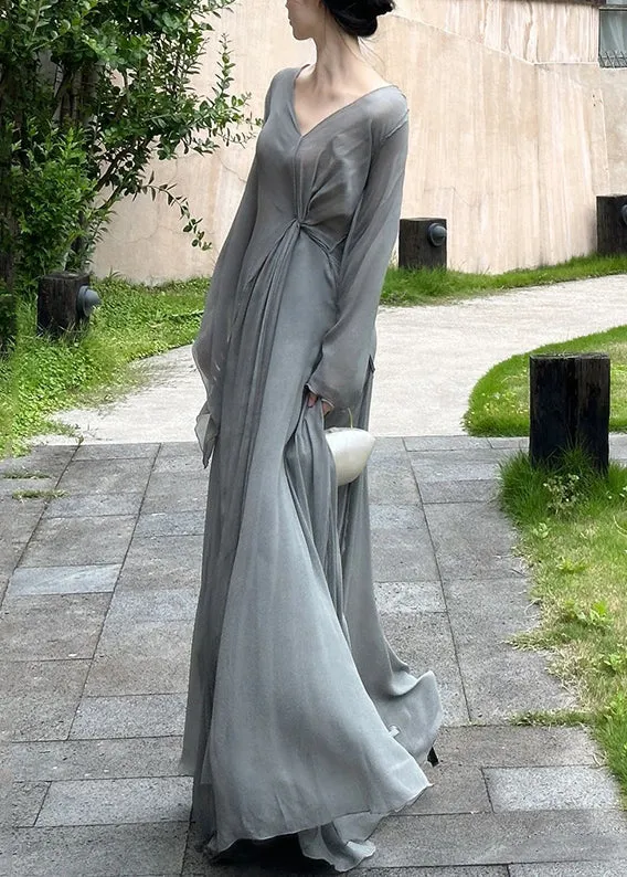 Art Grey V Neck Wrinkled Cotton Maxi Dresses Long Sleeve EE1064