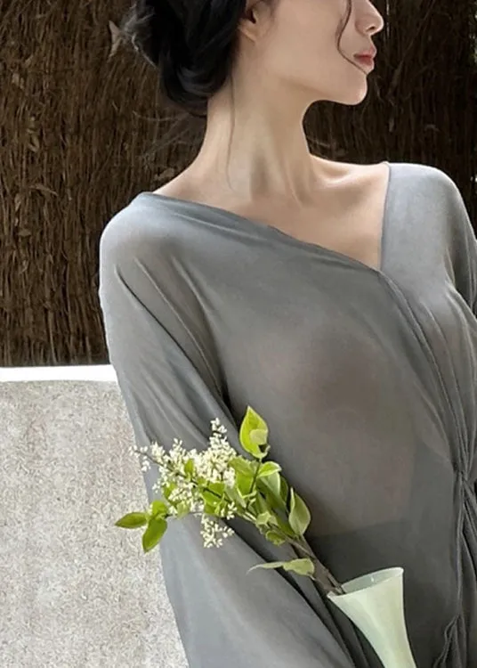 Art Grey V Neck Wrinkled Cotton Maxi Dresses Long Sleeve EE1064