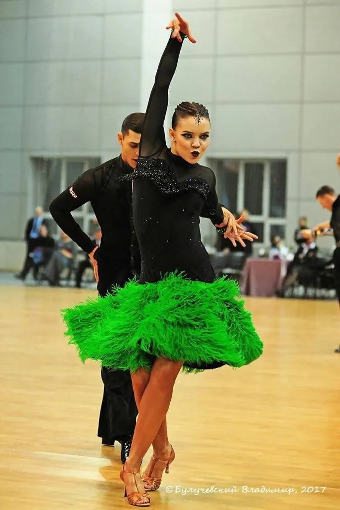 Black & Green Latin Dress with Feathers