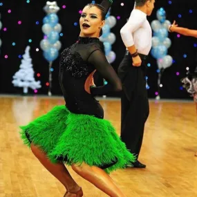 Black & Green Latin Dress with Feathers