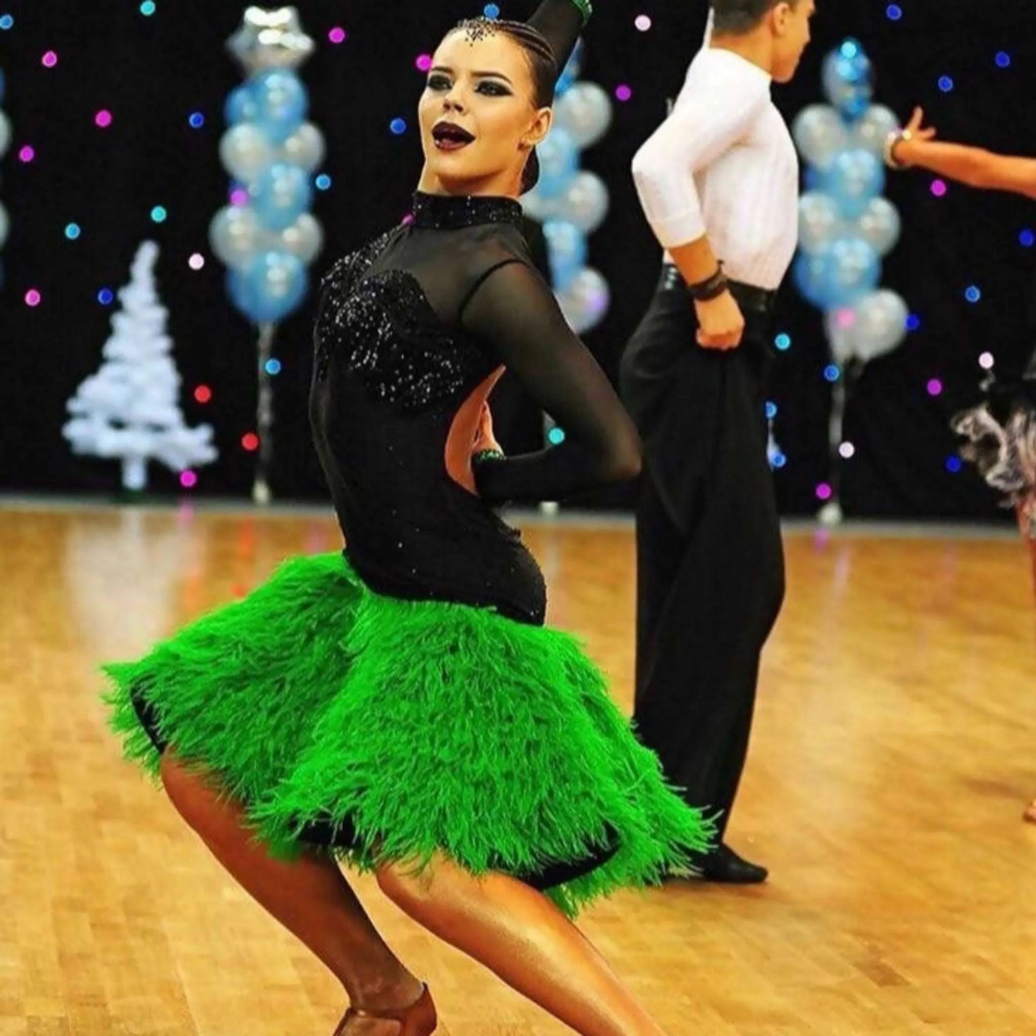 Black & Green Latin Dress with Feathers