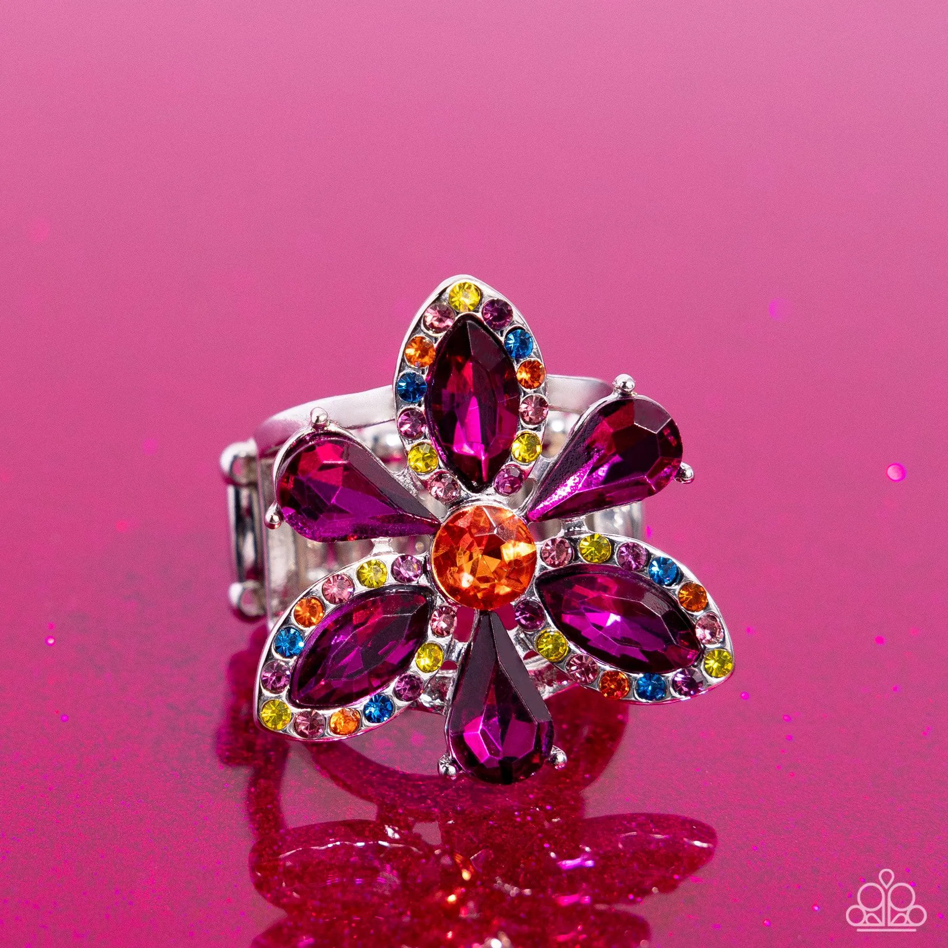 Blazing Blooms Multi & Purple Rhinestone Floral Ring - Paparazzi Accessories