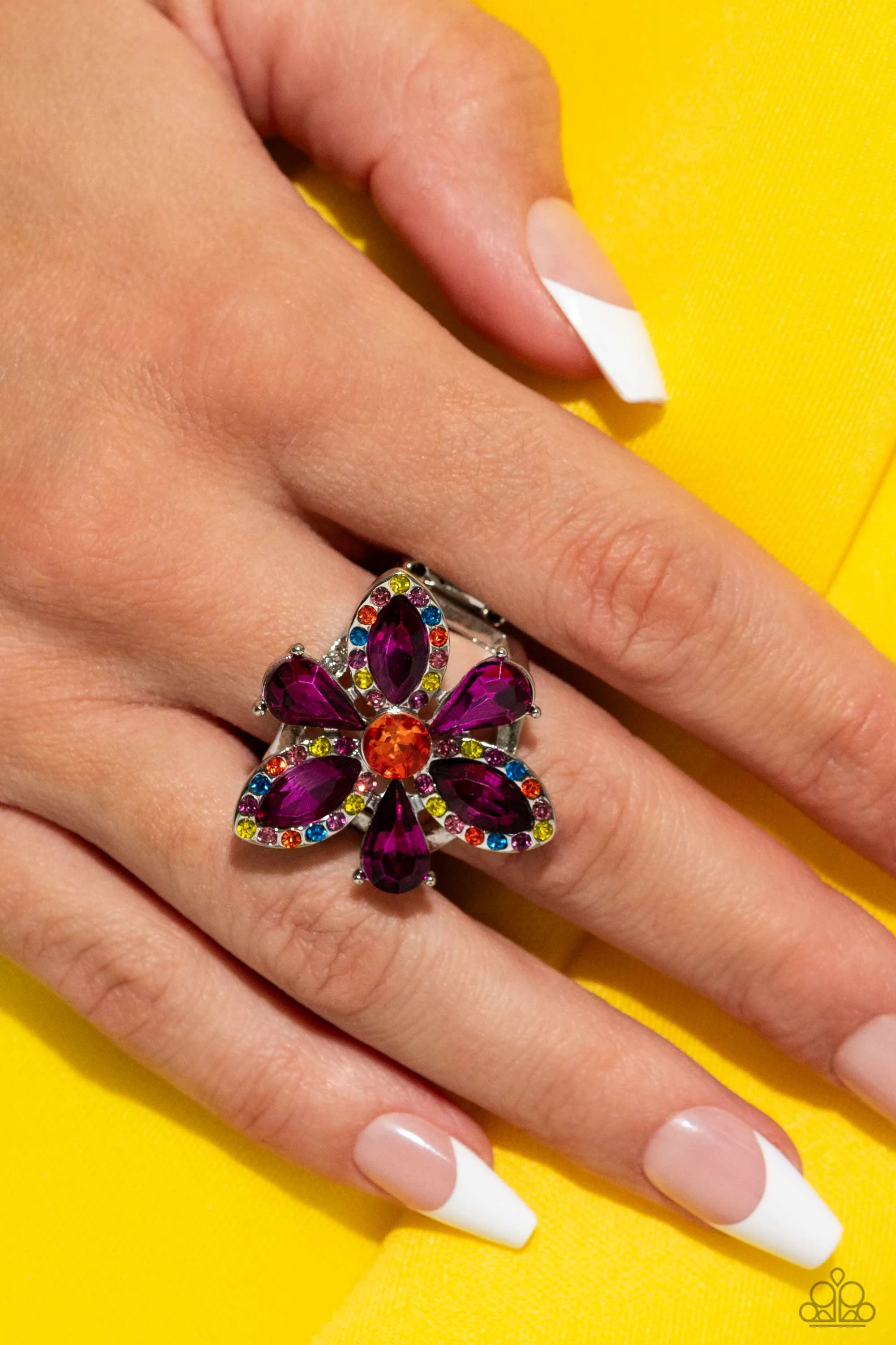 Blazing Blooms Multi & Purple Rhinestone Floral Ring - Paparazzi Accessories