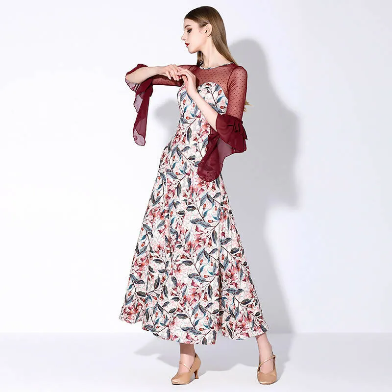 Blossom Motif Ballroom Dance Dress | Blue/Wine Red/Purple/Yellow | 880