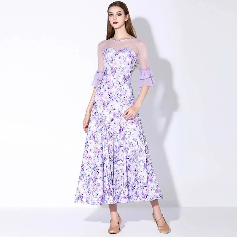 Blossom Motif Ballroom Dance Dress | Blue/Wine Red/Purple/Yellow | 880