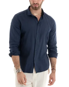 Camicia Uomo Con Colletto Tinta Unita Blu Lino Manica Lunga Casual Sartoriale GIOSAL-C2712A