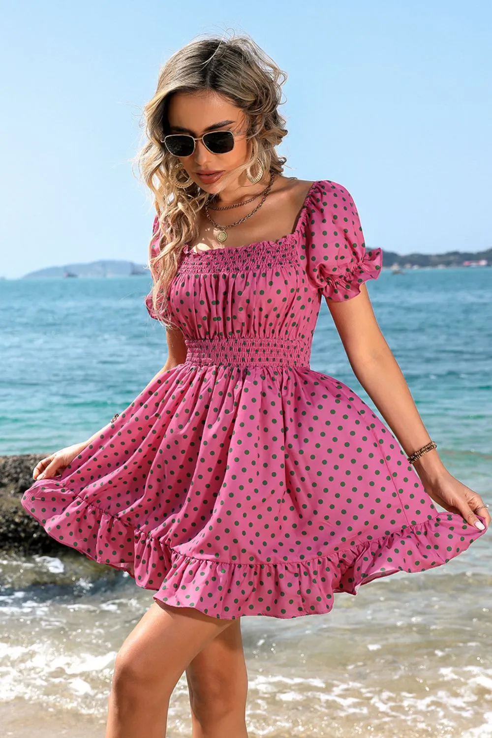 Charming Polka Dot Milkmaid Dress Outfit for Women - Square Neck, Smocked Waist, Perfect Summer Style