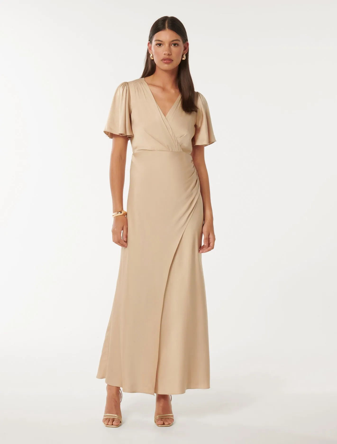 Chelsea Flutter Sleeve Satin Maxi Dress