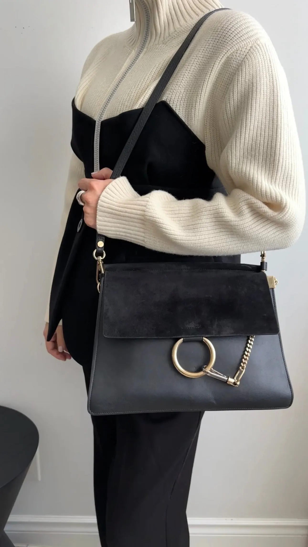 Chloe Faye Medium Black Suede and Leather Chain Bag