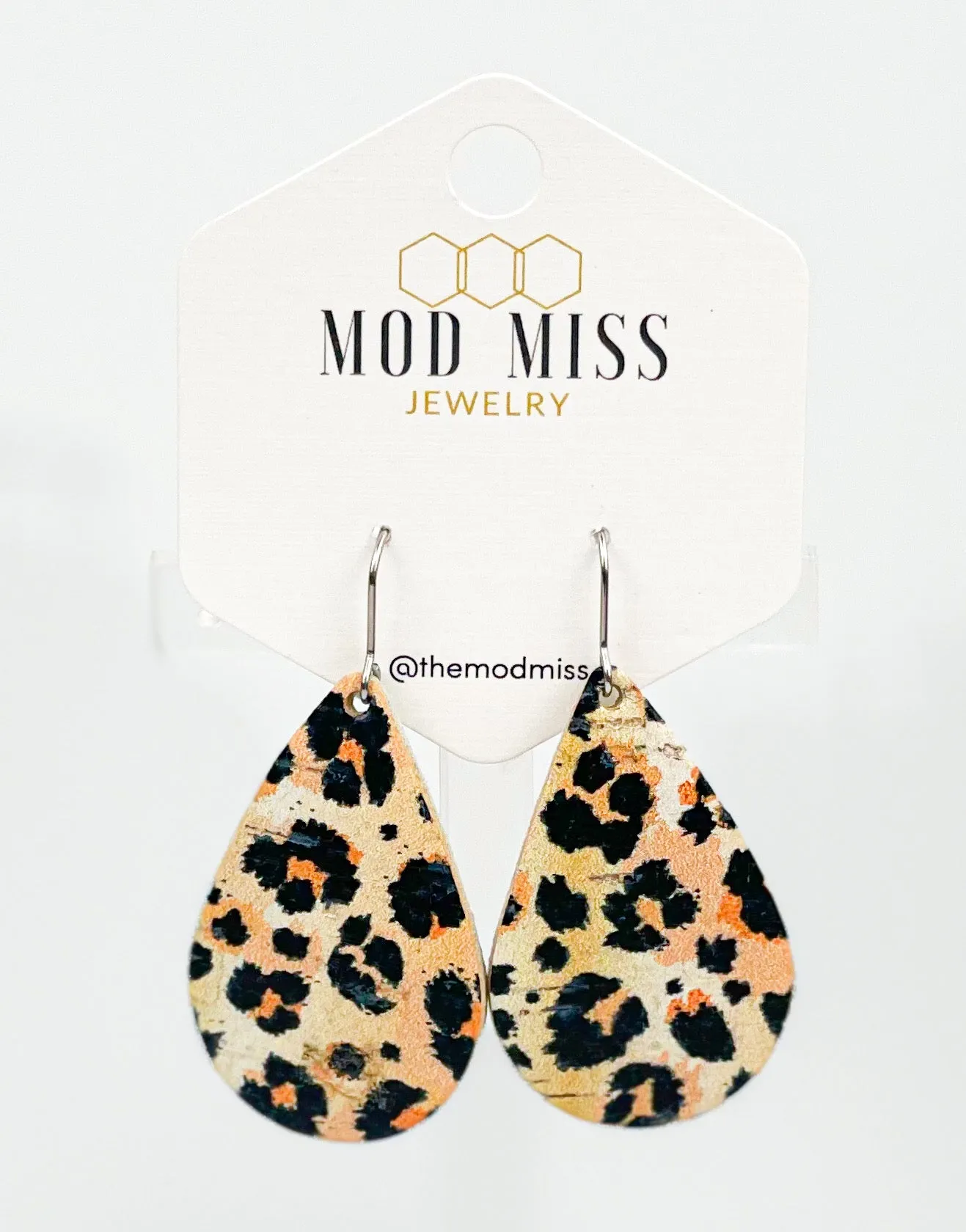 Cork Leather Teardrop Earring Leopard Peach