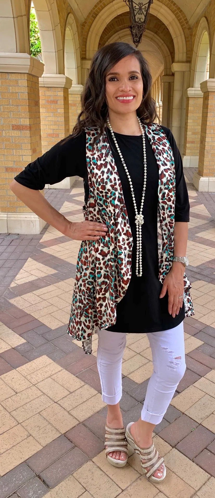 Cream & Turquoise Leopard Vest