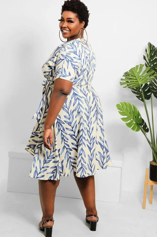 Cream Blue Leaves Print Midi Wrap Dress