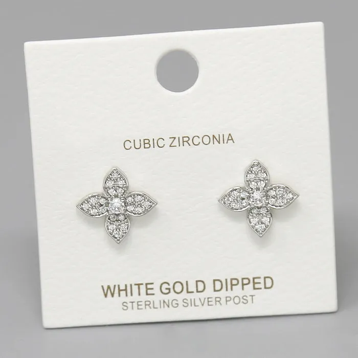 CZ Pave Flower Gold Dipped Stud Earrings