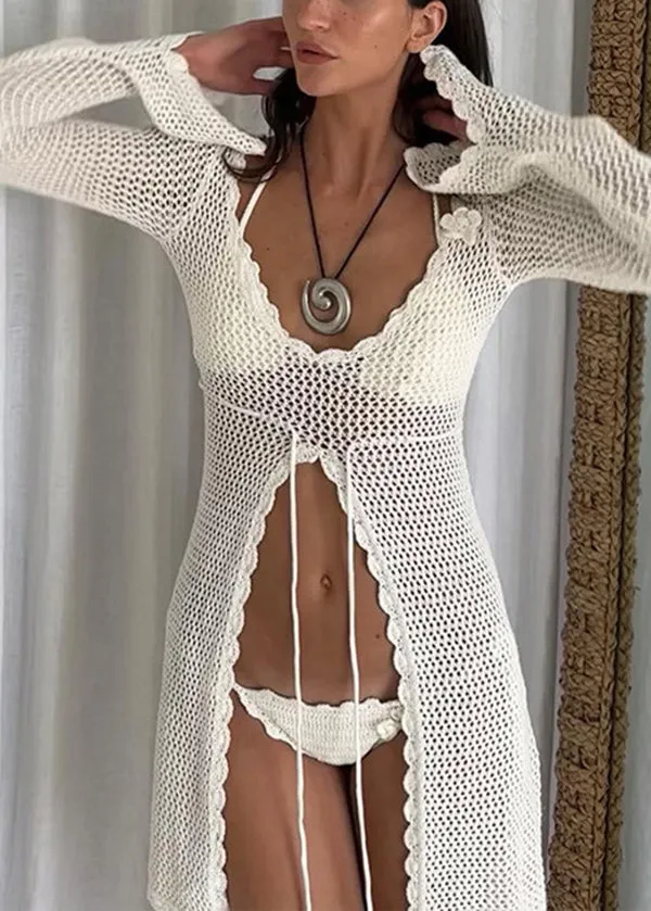 European And American Sexy White Hollow Out Beach Knitted Cover Up VC010