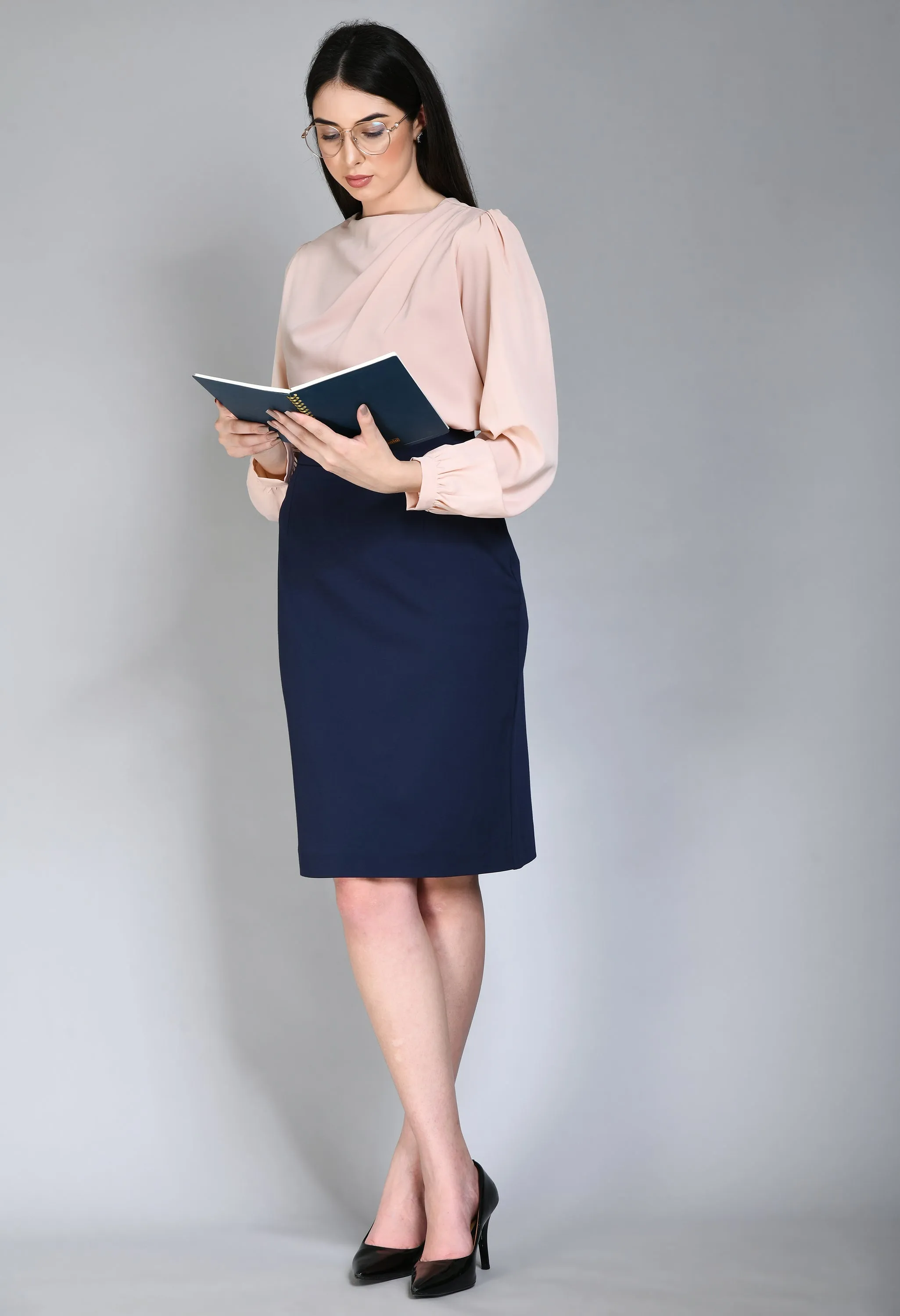 Exude Leadership Solid 4 Way Stretch Pencil Skirt (Navy)