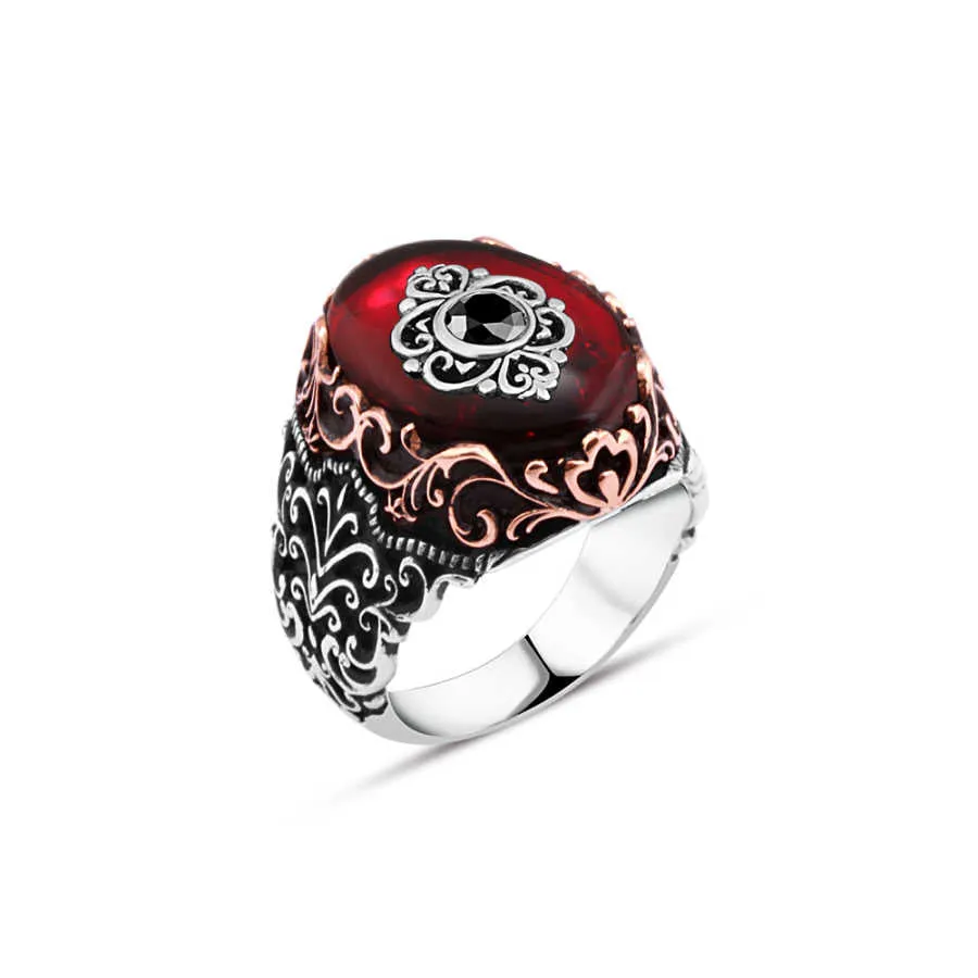 Eye Figure on Red Ellipse Synthetic Amber Stone Silver Men's Ring with Wavy Pattern Around