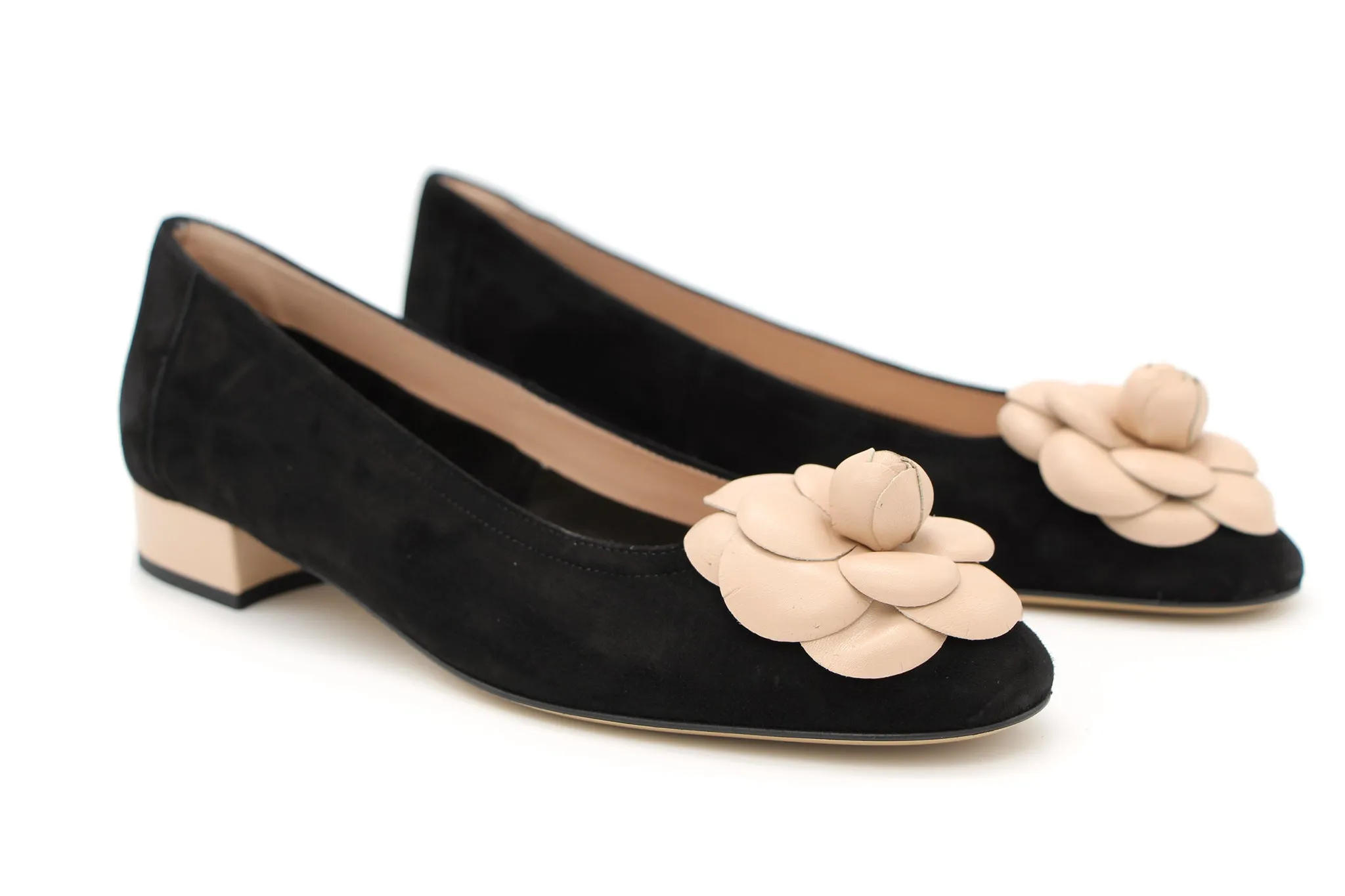 FABUCCI Black Suede Ballet Flat with contrast Flower