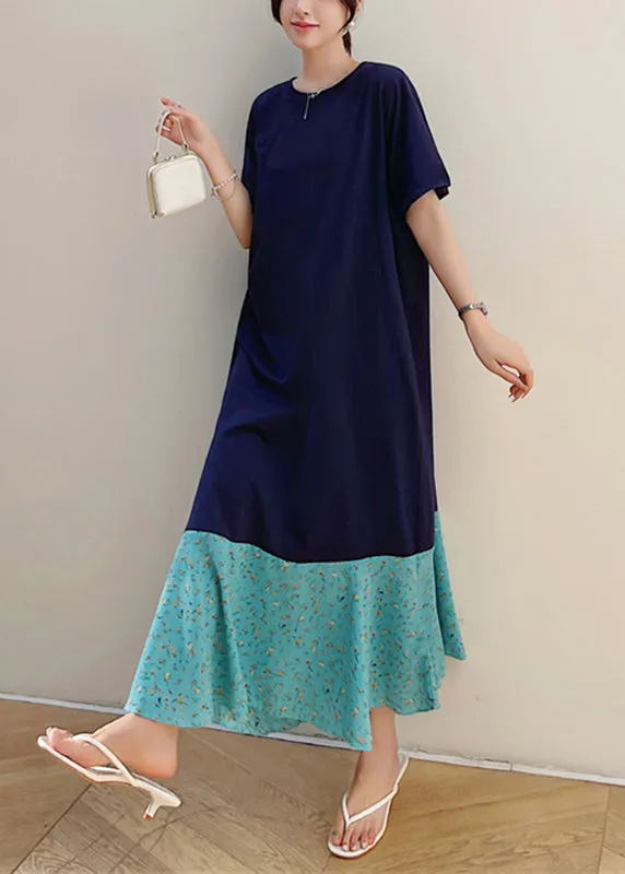 Fashion Navy Print Patchwork Fake Two Pieces Maxi Dresses Short Sleeve VB1004