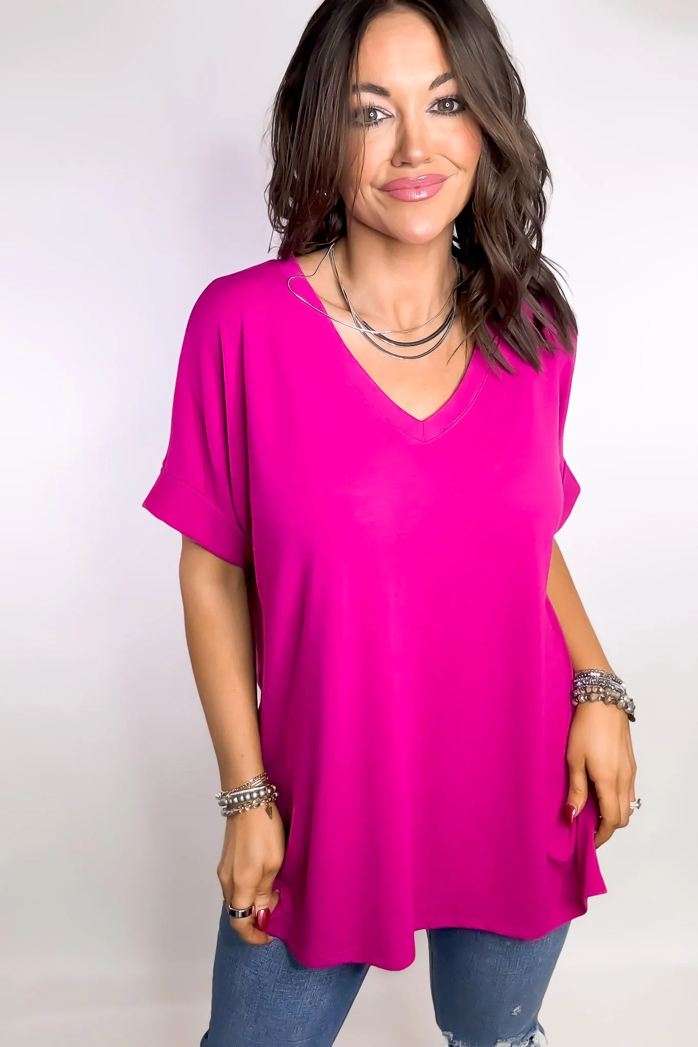 Favorite Memories Magenta Short Sleeve Side Slit Top