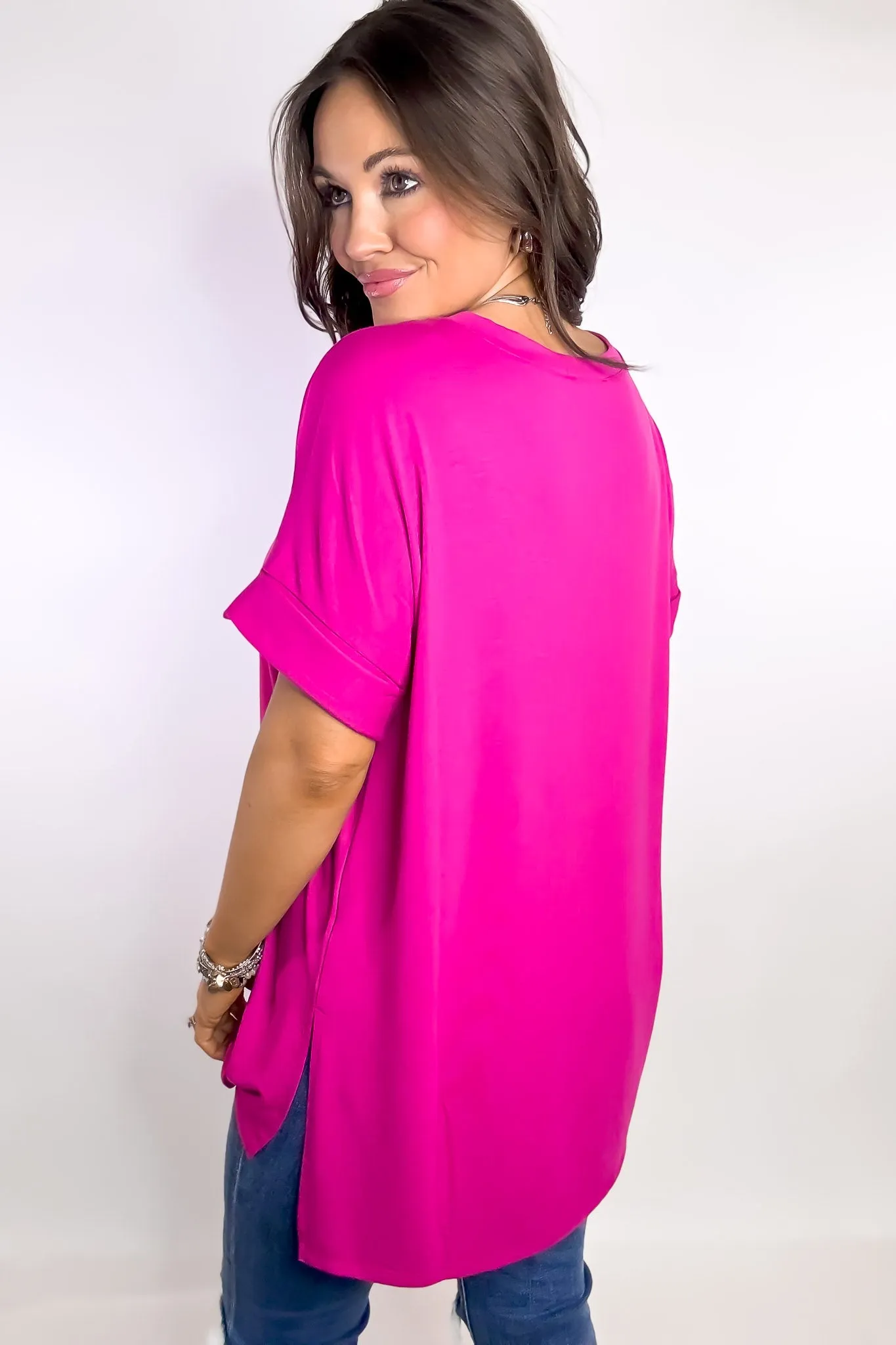 Favorite Memories Magenta Short Sleeve Side Slit Top