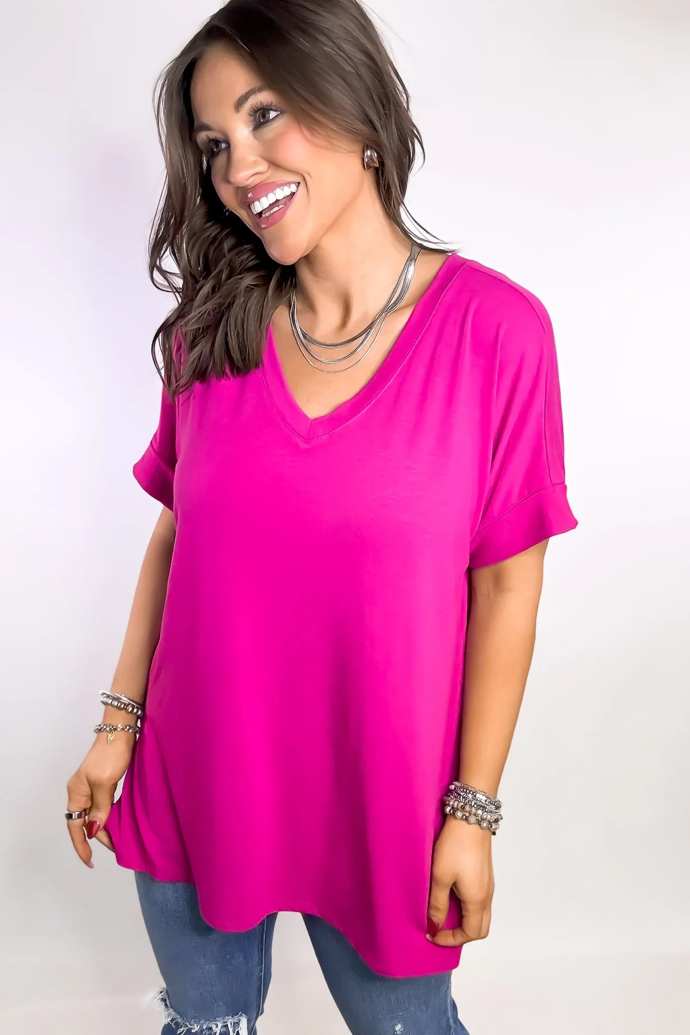 Favorite Memories Magenta Short Sleeve Side Slit Top