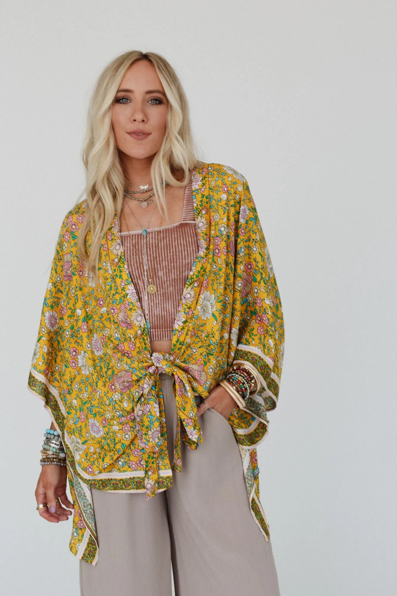 Flower Daze Front Tie Kimono - Mustard