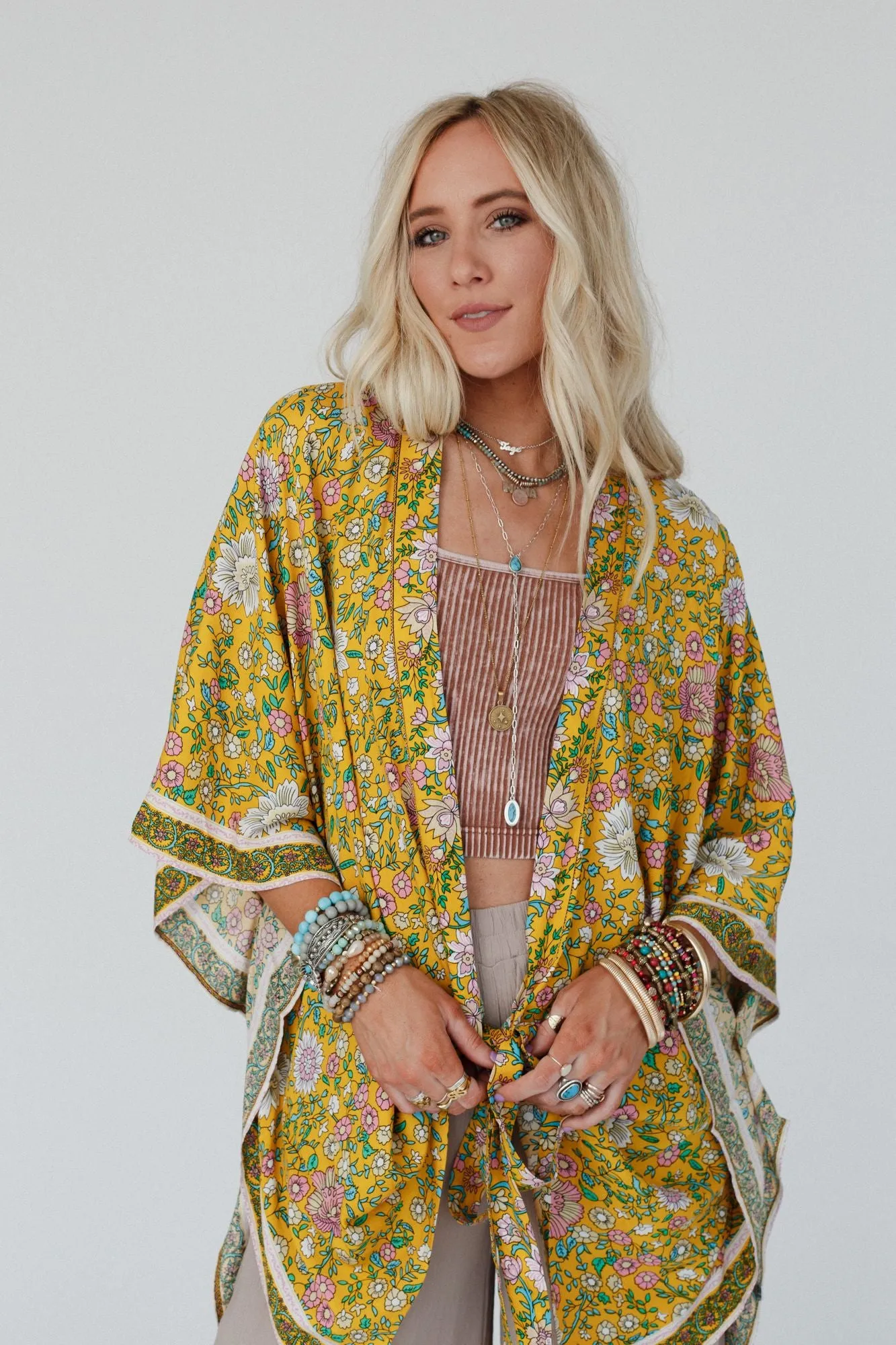 Flower Daze Front Tie Kimono - Mustard