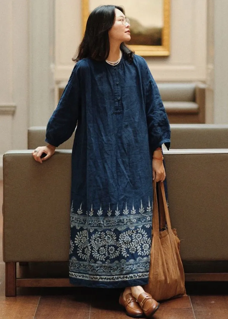 French Blue Button Print Maxi Dresses Long Sleeve MN054