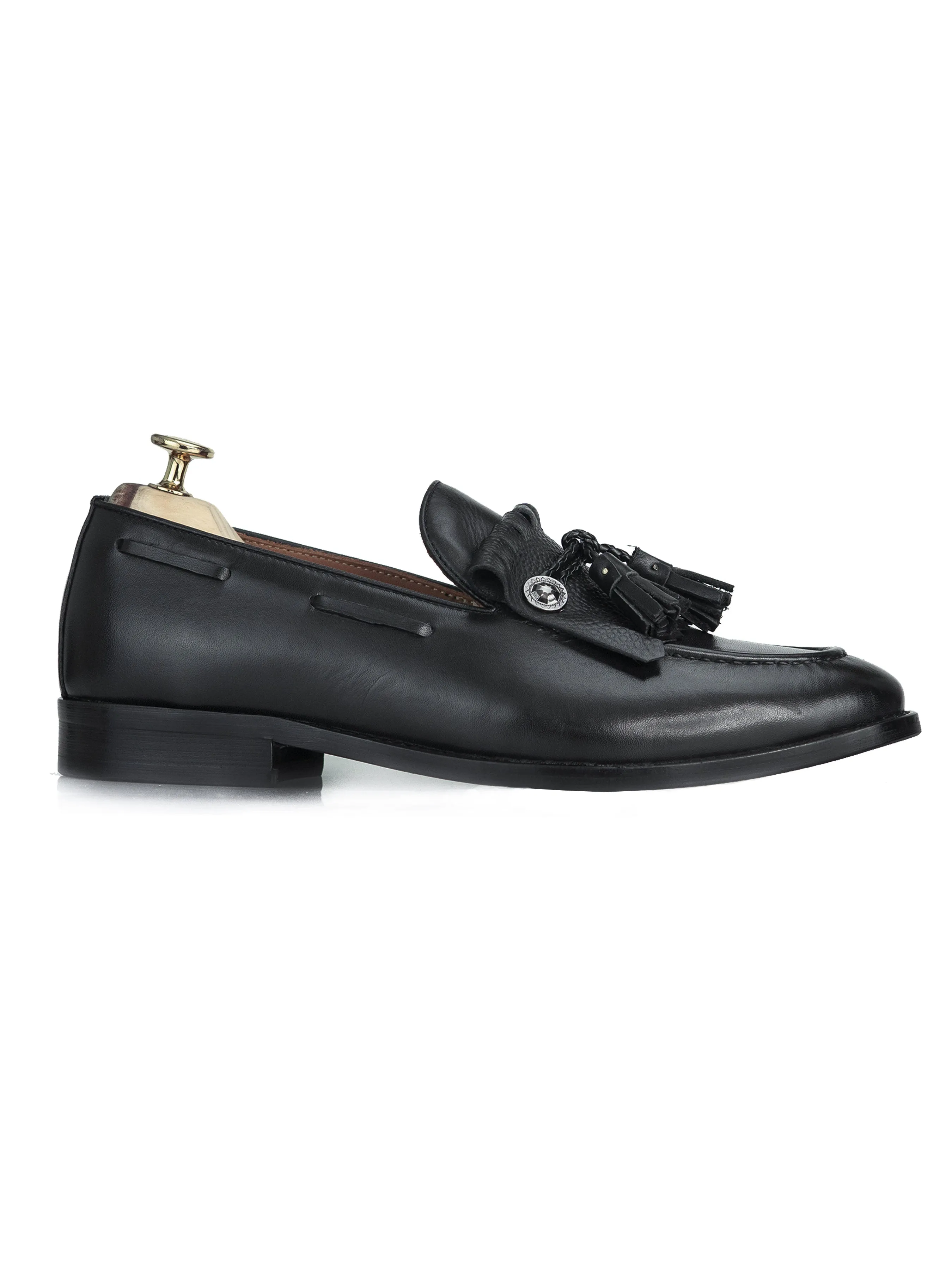 Fringe Ribbon Loafer - Black with Tassel (Hand Painted Patina)