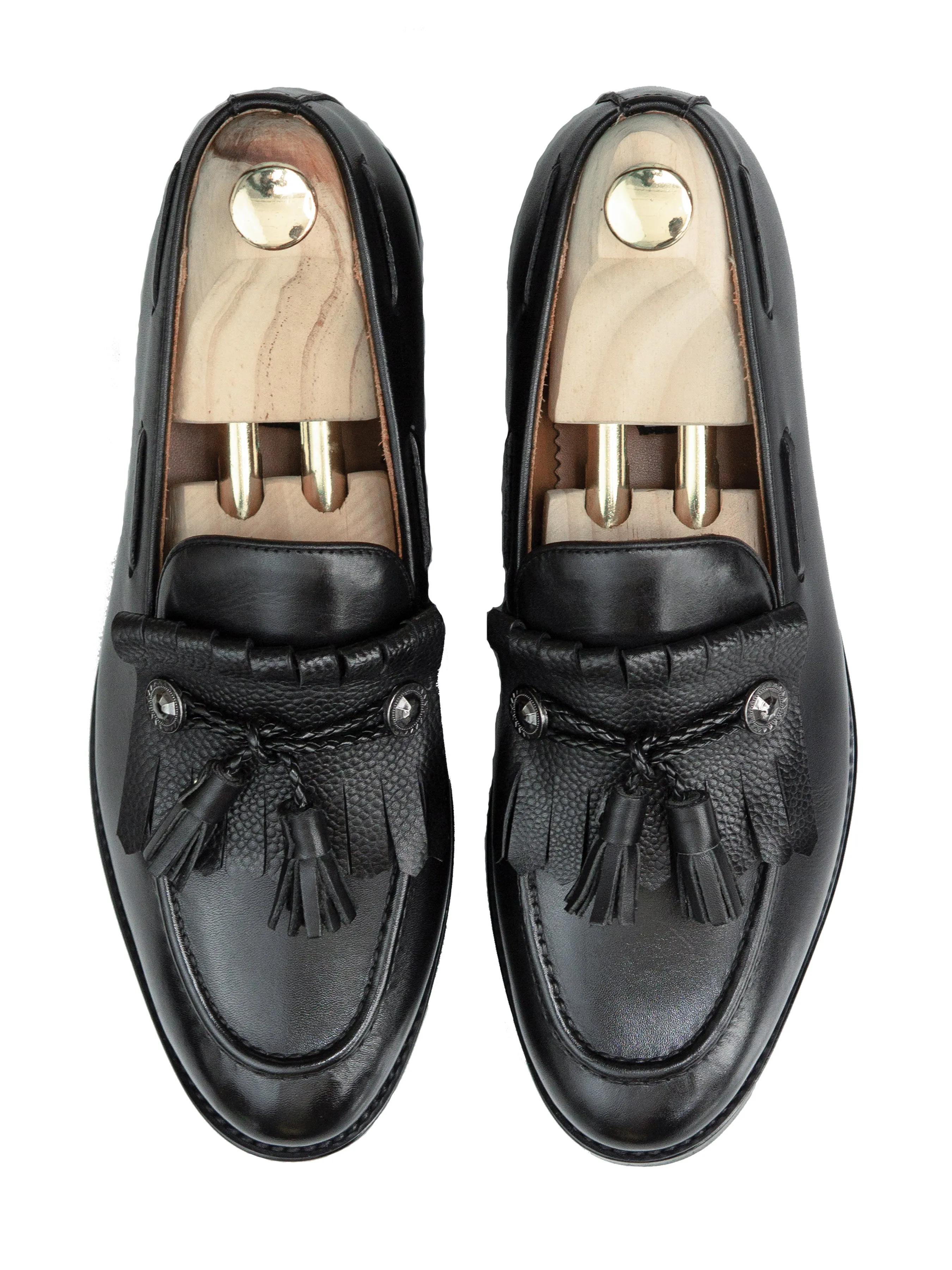 Fringe Ribbon Loafer - Black with Tassel (Hand Painted Patina)