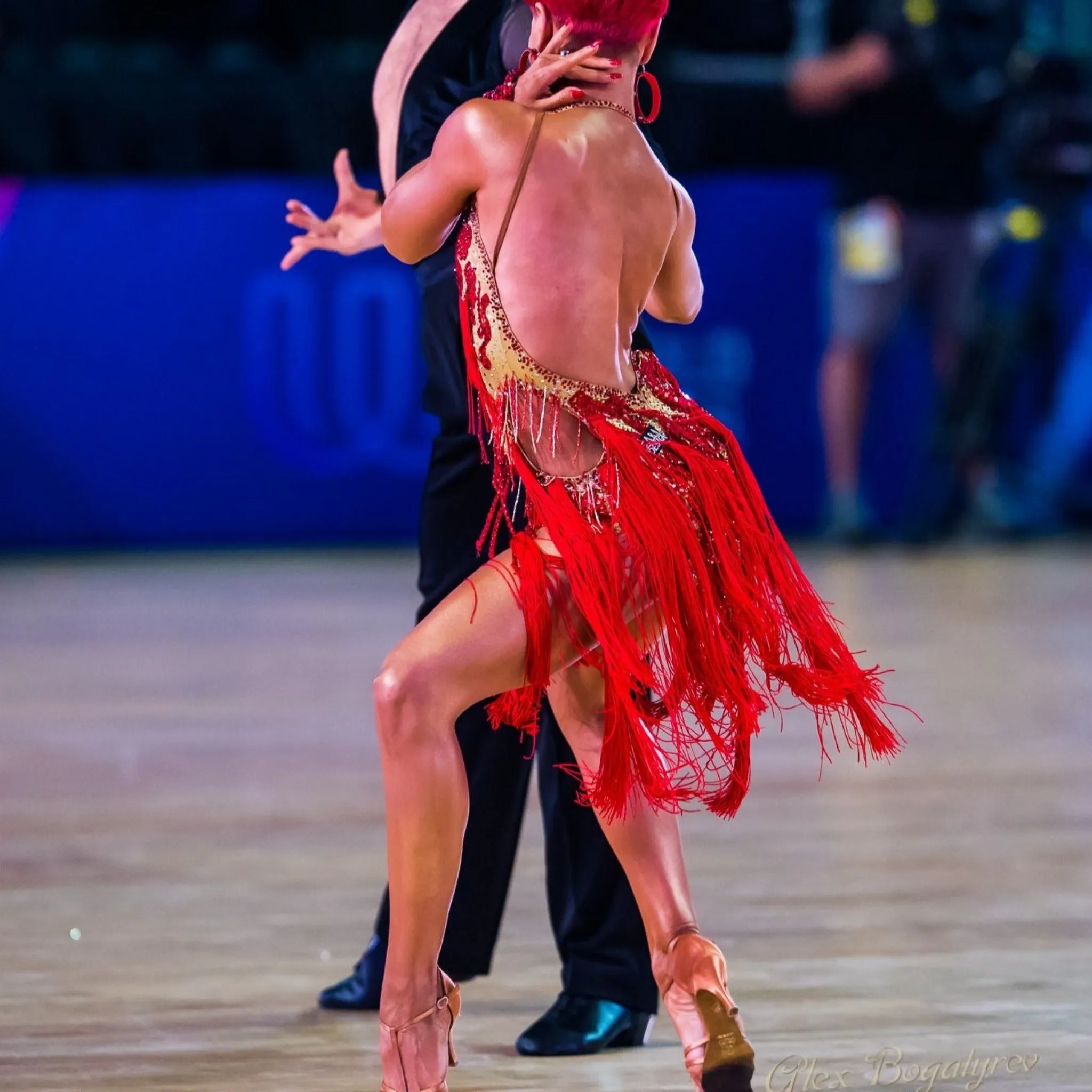 Gold and Vibrant Red Fringe Latin Dance Dress