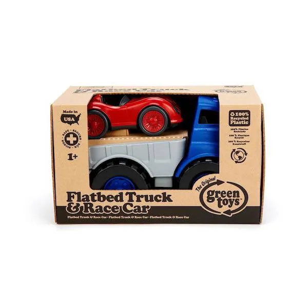 green toys flatbed truck with red race car