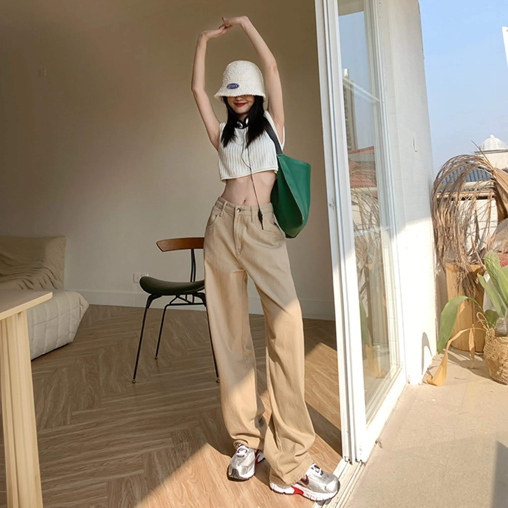 High-waist Khaki Baggy Jeans