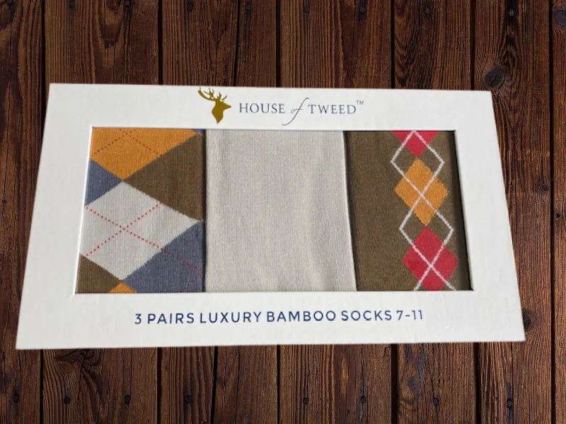 House of Tweed Luxury Mens Bamboo Socks | 3 Pairs Argyle