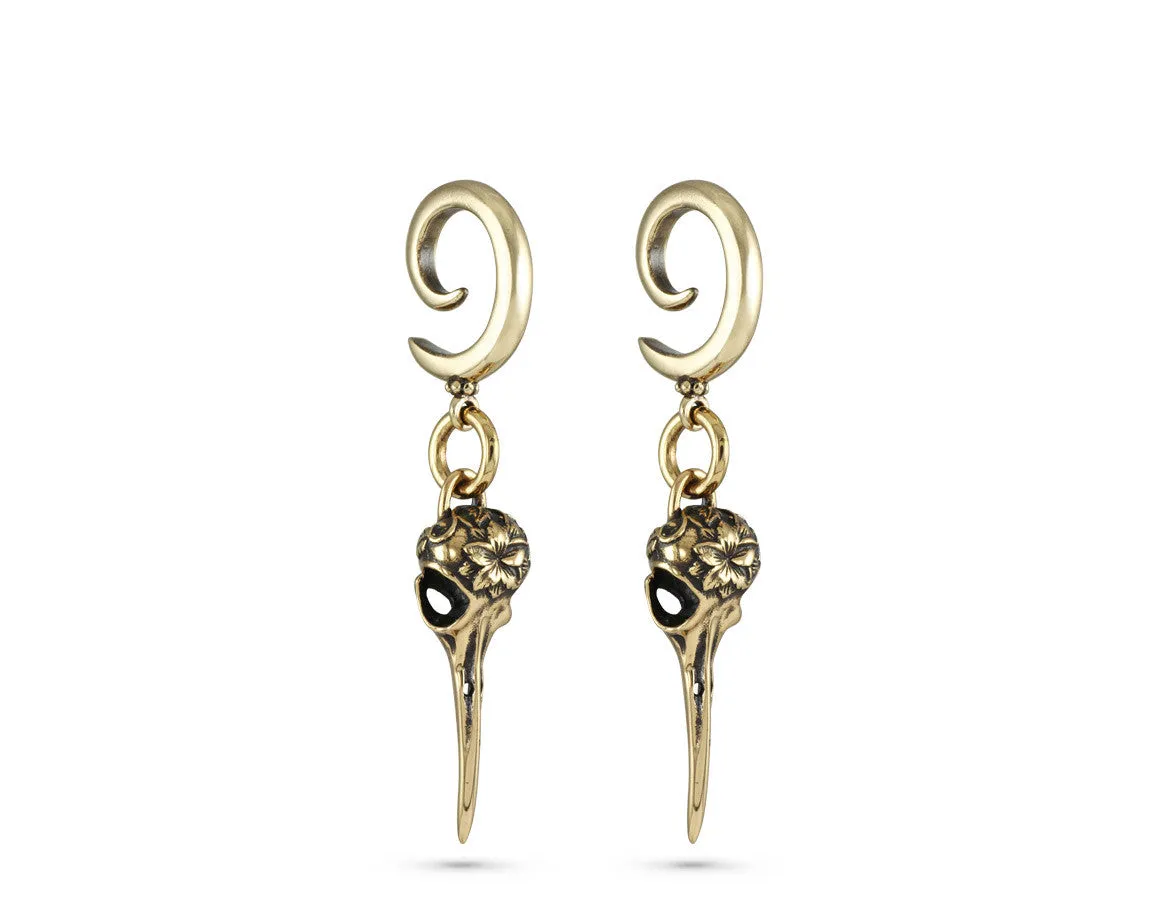 Hummingbird Skull Gauged Spiral Earrings - Bronze