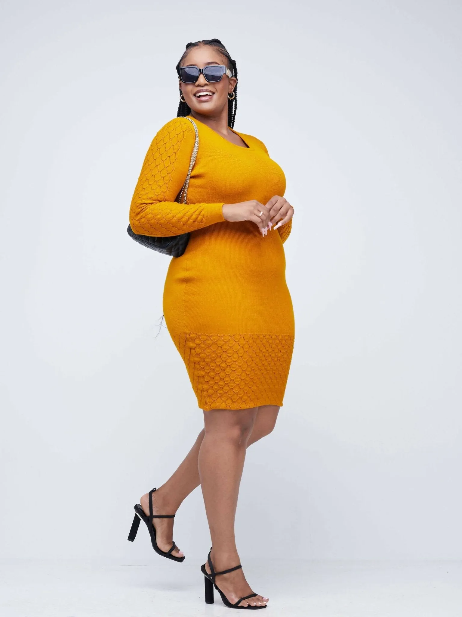 Infy Knit Wear Zuri Bodycon Dress Knee Level - Mustard