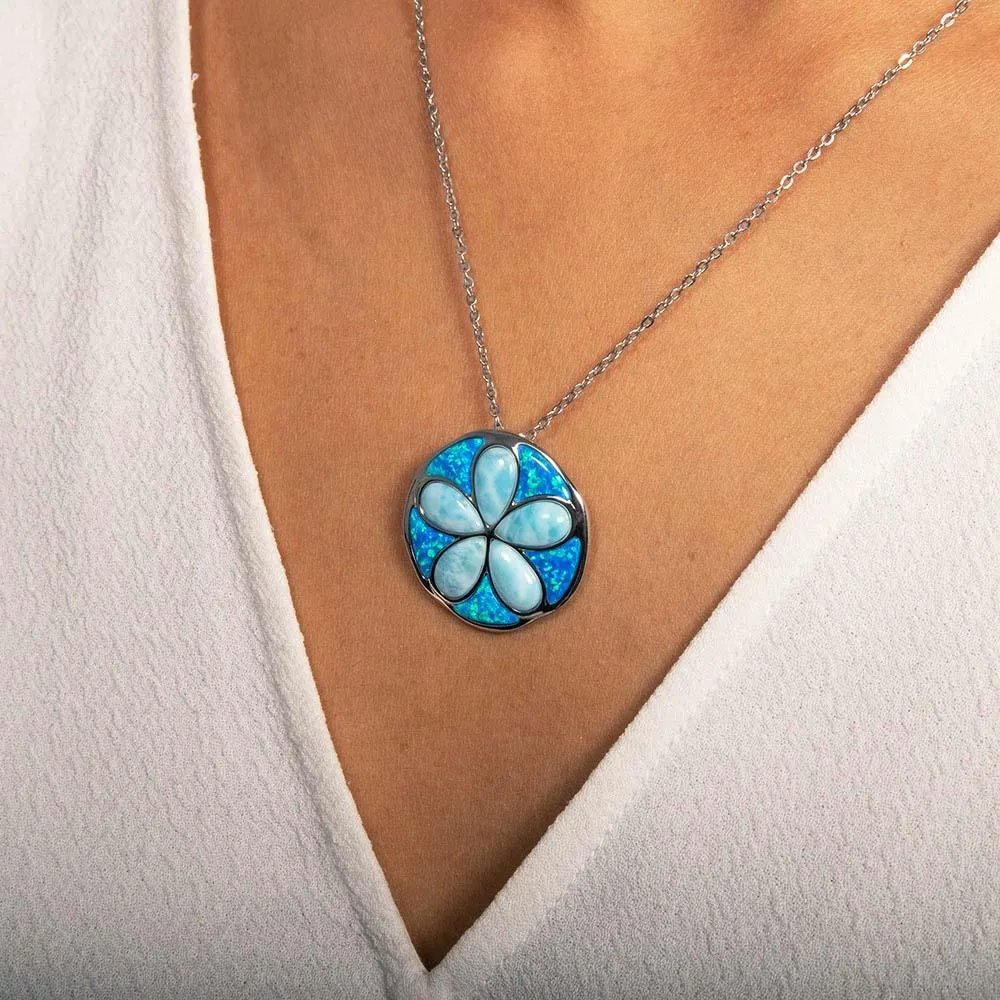 Larimar Flowering Sand Dollar Pendant with Opal