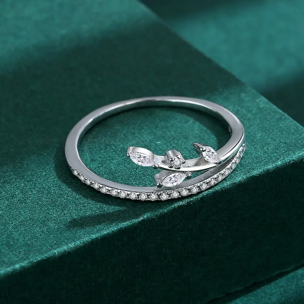 Leaves and Branches Diamond Silver Ring