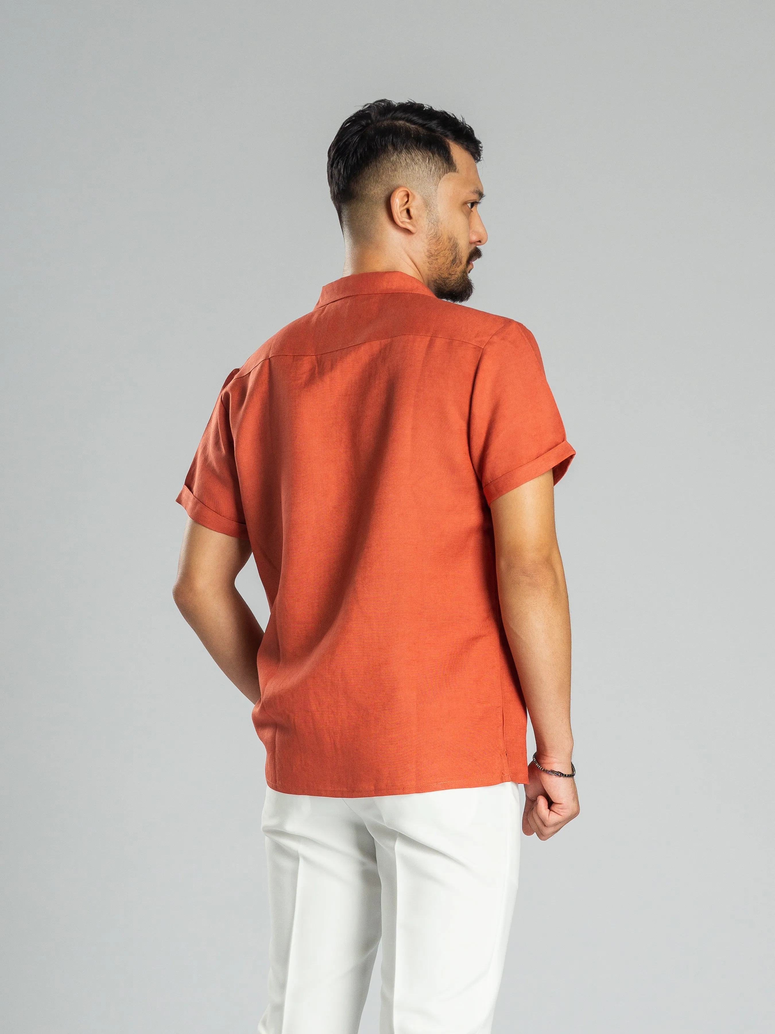 Linen Cuban Collar Shirt - Brick Red