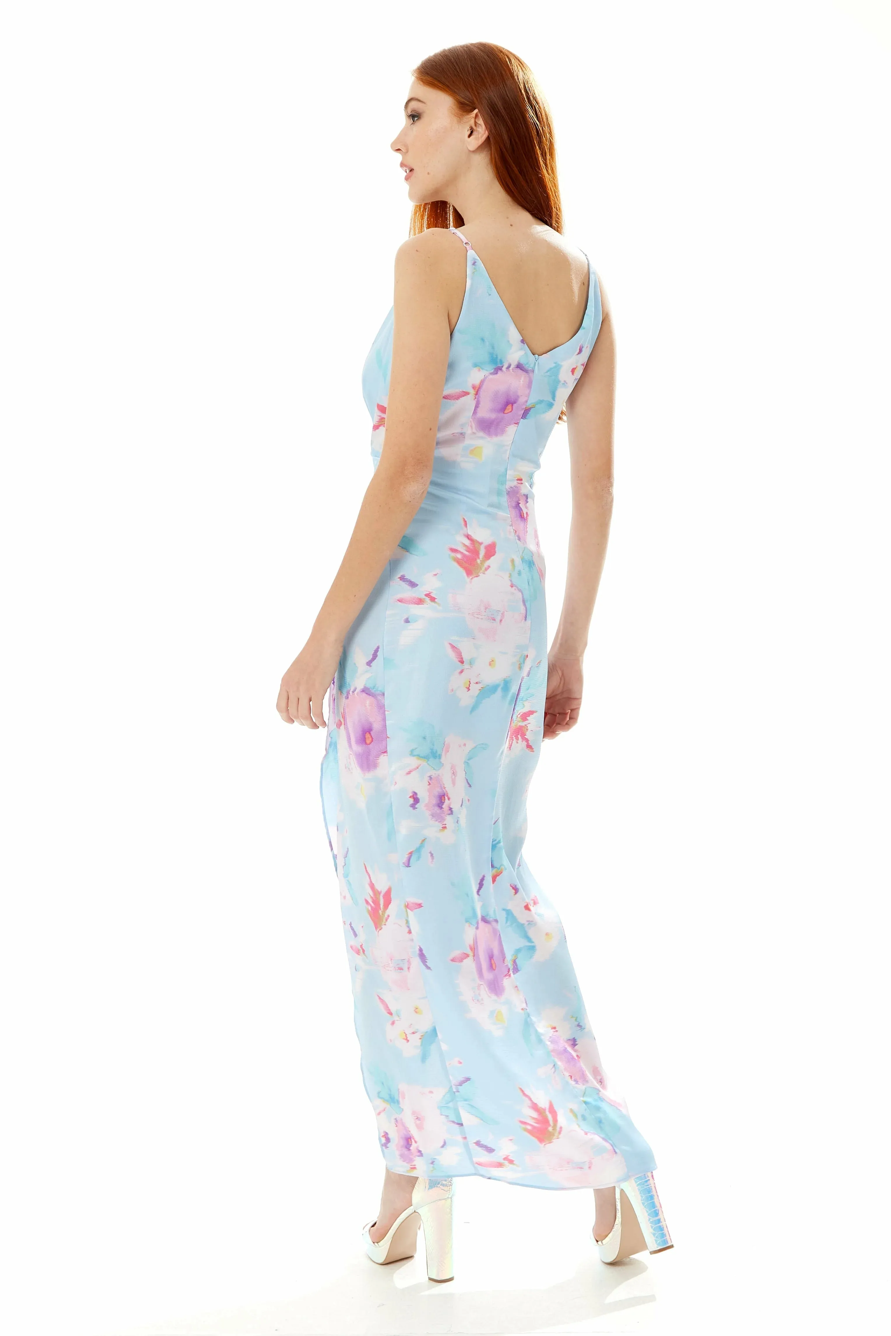 Liquorish Floral Print Maxi Wrap Dress In Blue