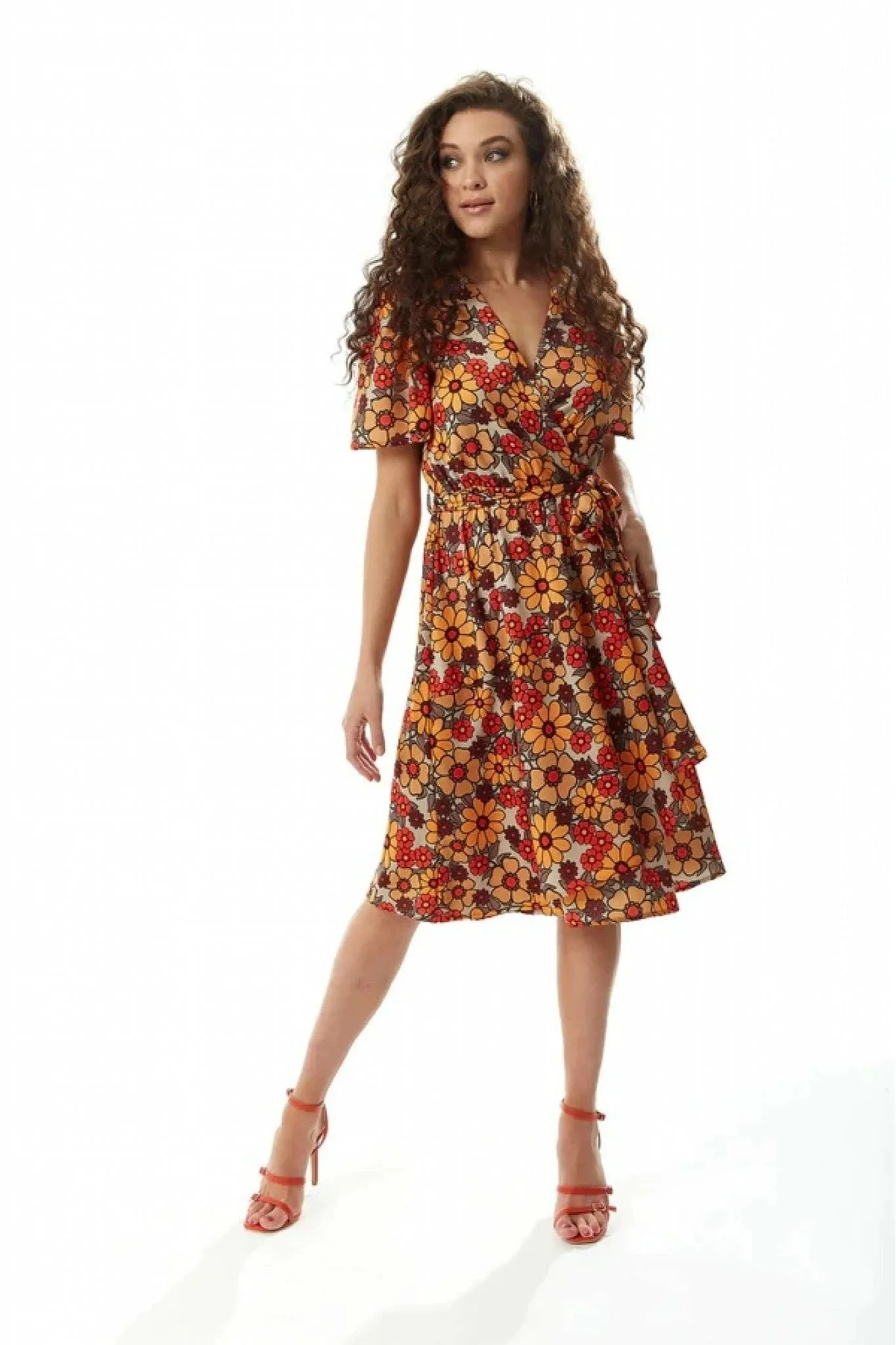 Liquorish Floral Print Midi Wrap Dress In Orange And Red